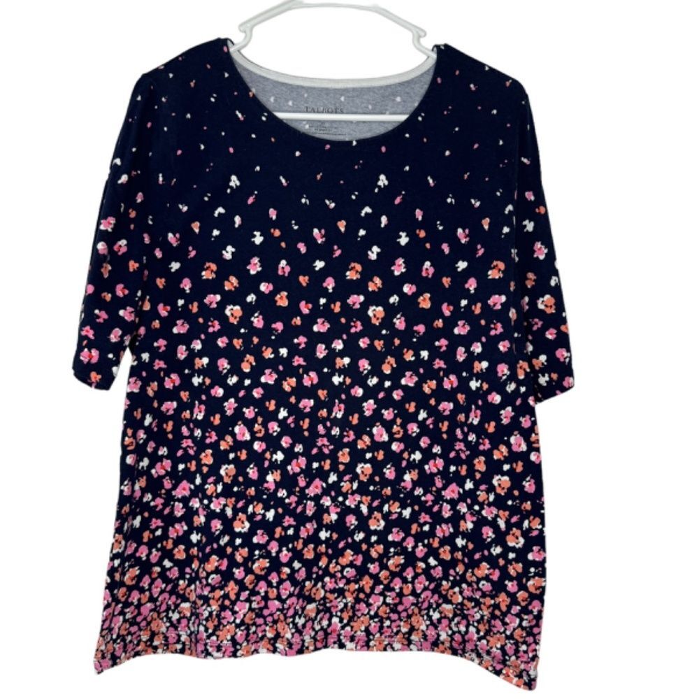 TALBOTS Size XL Navy Cascading Cotton Floral Tee crew neck Breathable Casual
